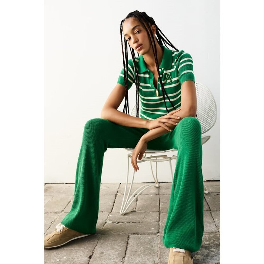NWT New Zara Green Knit Flare Cotton Pants Size S